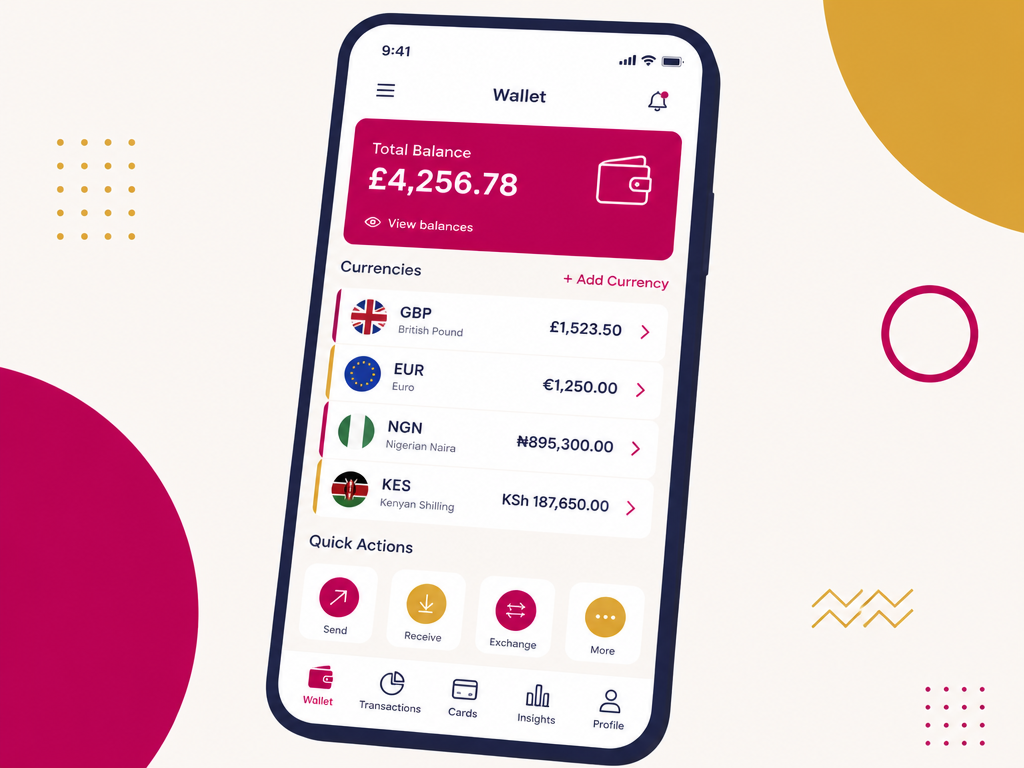 Illustration of the GBF multi-currency wallet showing balances in several currencies